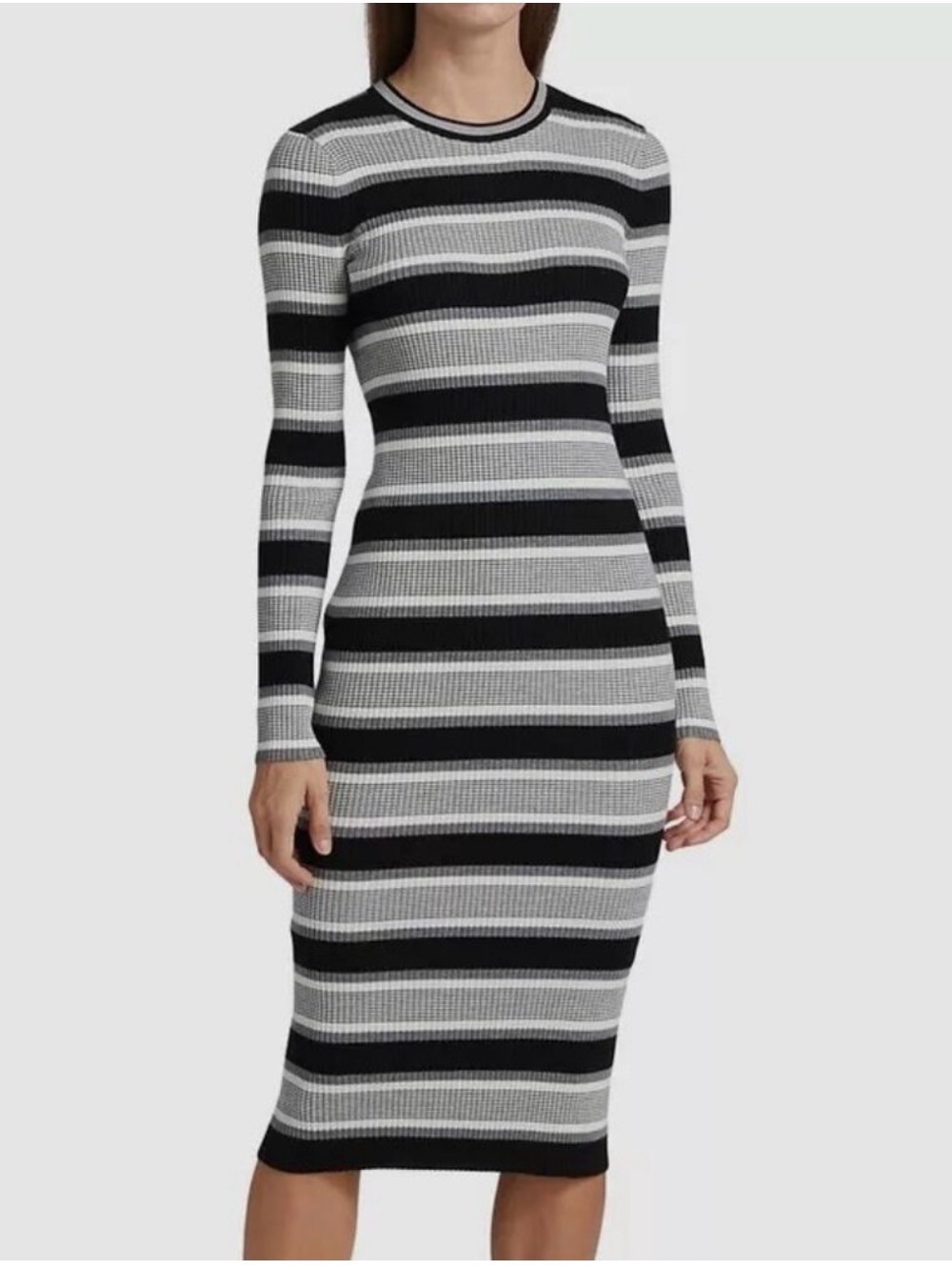 Theory Empire Wool Stripe Midi Sweater Knit Dress Sm Fall Crewneck Long Sleeve